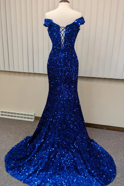 Red Sequin Mermaid Off the Shoulder Long Formal Dress