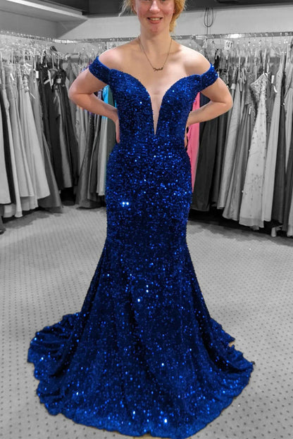 Red Sequin Mermaid Off the Shoulder Long Formal Dress