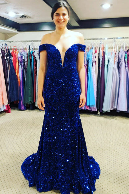 Red Sequin Mermaid Off the Shoulder Long Formal Dress