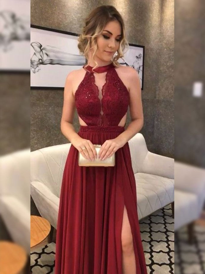 red sleeveless jewel applique slit-skirt lace satin long evening dresses