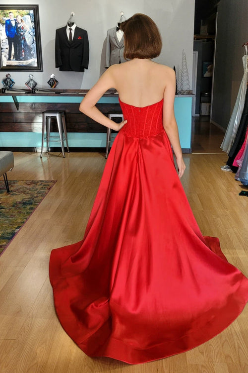 Red Sweetheart Beaded A-line Long Dress with Slit