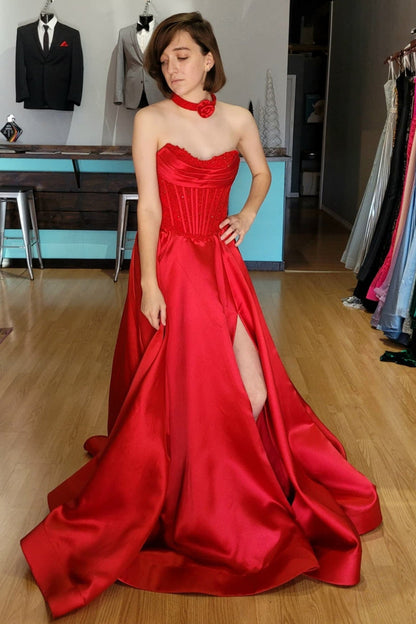 Red Sweetheart Beaded A-line Long Dress with Slit