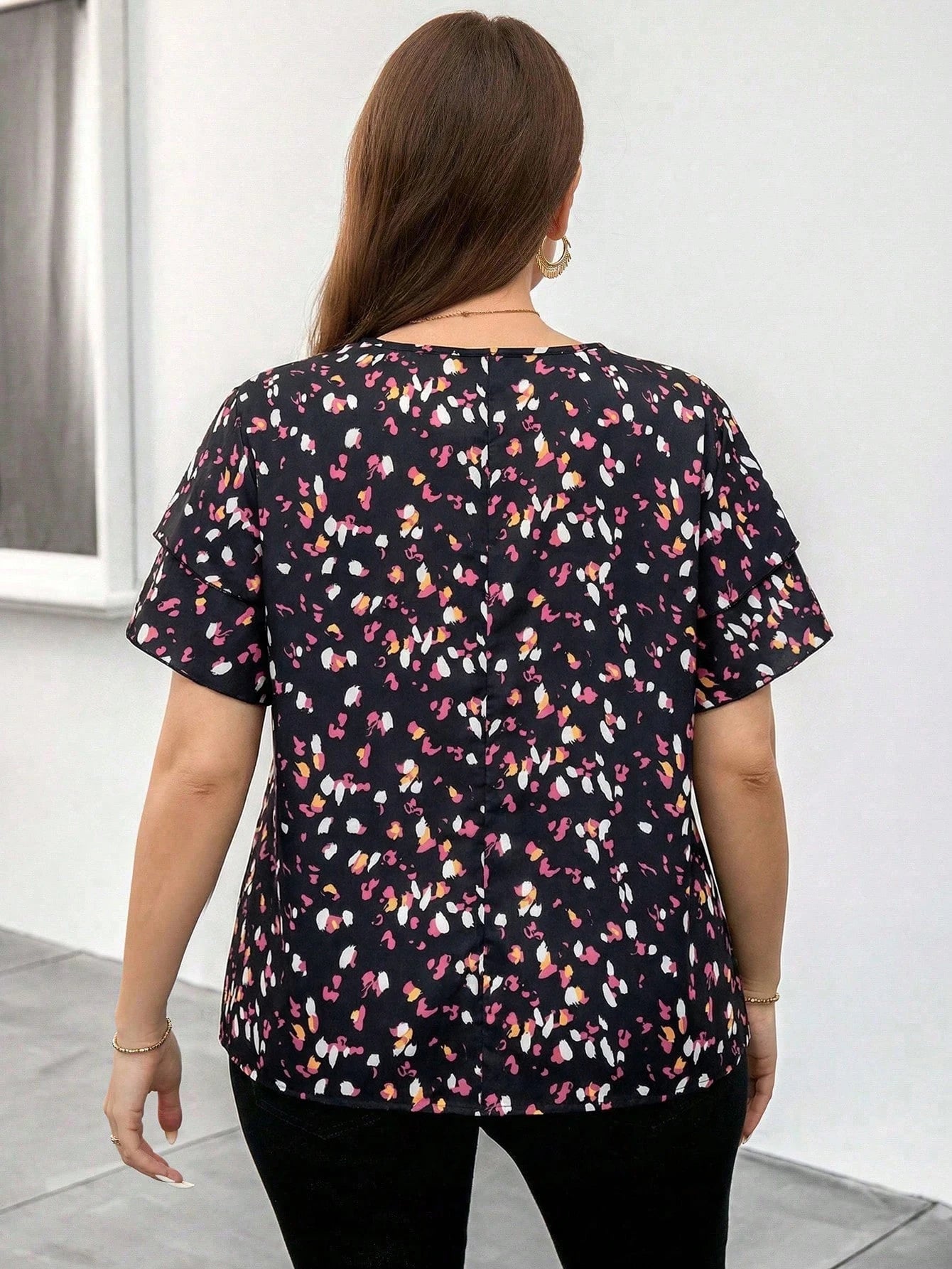 Reflora Elegant Plus Size Round Neck Double Layer Sleeve Geometric Polka Dot Print Loose Blouse