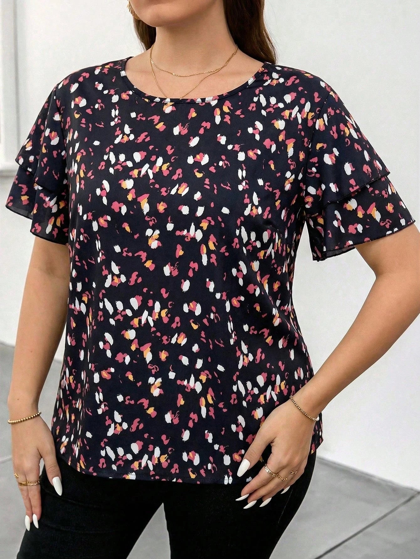 Reflora Elegant Plus Size Round Neck Double Layer Sleeve Geometric Polka Dot Print Loose Blouse