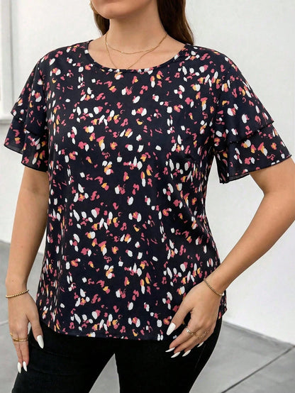 Reflora Elegant Plus Size Round Neck Double Layer Sleeve Geometric Polka Dot Print Loose Blouse