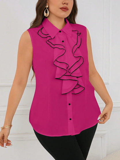 Reflora Plus Ruffle Trim Sleeveless Shirt For Summer