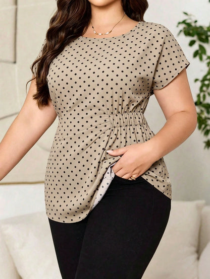 Reflora Plus Size Women Casual Black Polka Dot Print Short Sleeve Shirt Office Summer
