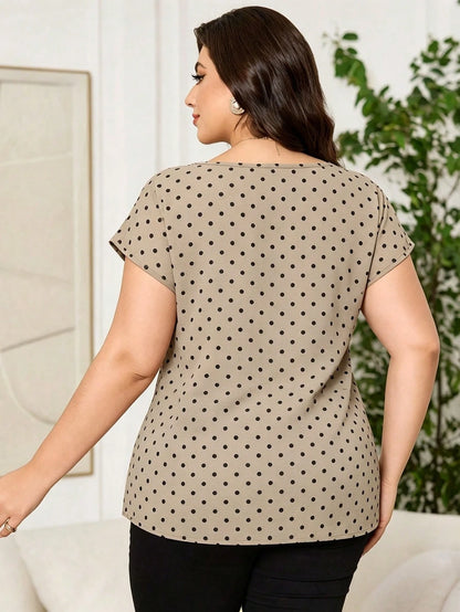 Reflora Plus Size Women Casual Black Polka Dot Print Short Sleeve Shirt Office Summer