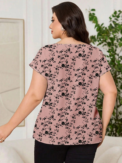 Reflora Plus Size Women Casual Floral Print Round Neck Short Sleeve Shirt