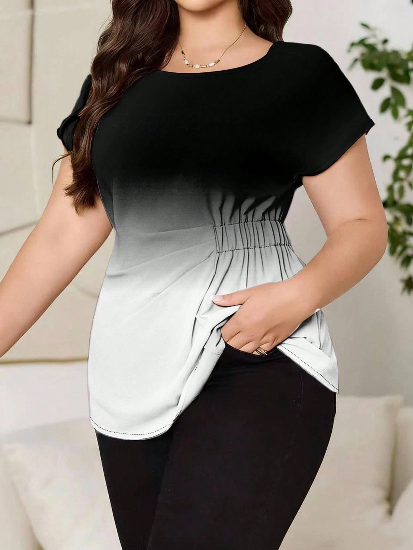 Reflora Plus Size Women's Gradient Print Casual Solid Color Batwing Sleeve Shirred Waist Blouse, Summer Spring