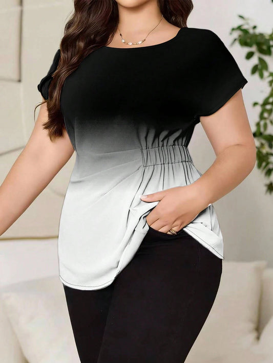 Reflora Plus Size Women's Gradient Print Casual Solid Color Batwing Sleeve Shirred Waist Blouse, Summer Spring