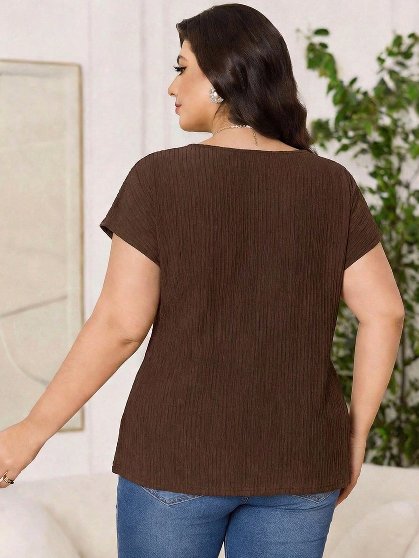 Reflora Plus Size Women Solid Color Round Neck Pleated Casual Versatile Daily Wear Blouse