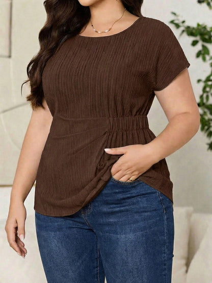 Reflora Plus Size Women Solid Color Round Neck Pleated Casual Versatile Daily Wear Blouse