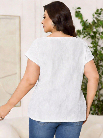 Reflora Plus Size Women Solid Color Round Neck Pleated Casual Versatile Daily Wear Blouse
