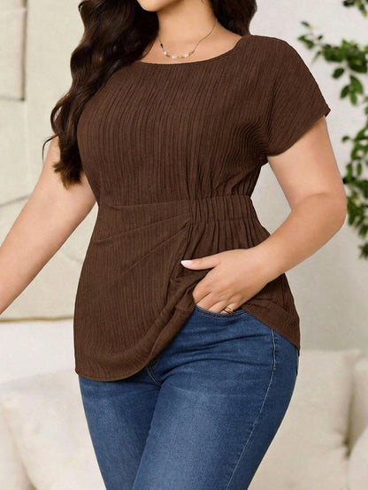 Reflora Plus Size Women Solid Color Round Neck Pleated Casual Versatile Daily Wear Blouse