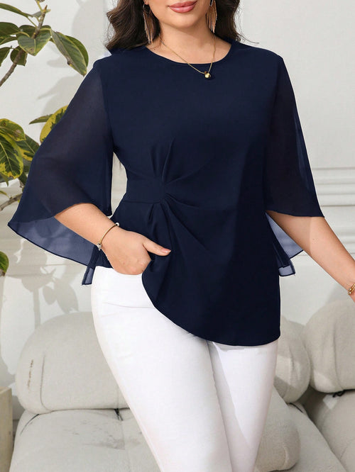 Reflora Plus Size Women Solid Color Ruffle Flare Sleeve Cinched Waist Blouse, Spring/Summer, Business Casual Woman Valentine's Day Fall