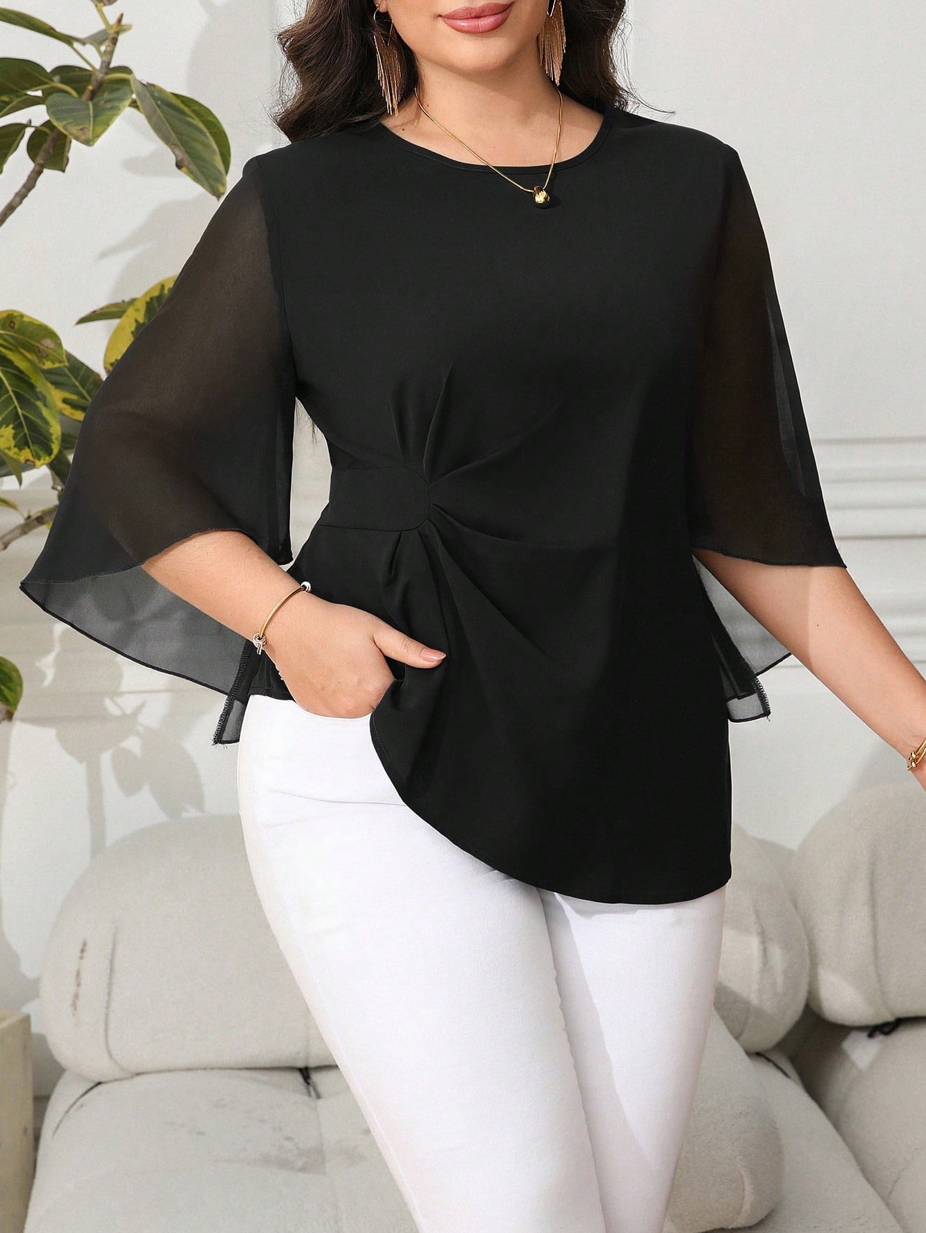 Reflora Plus Size Women Solid Color Ruffle Flare Sleeve Cinched Waist Blouse, Spring/Summer, Business Casual Woman Valentine's Day Fall