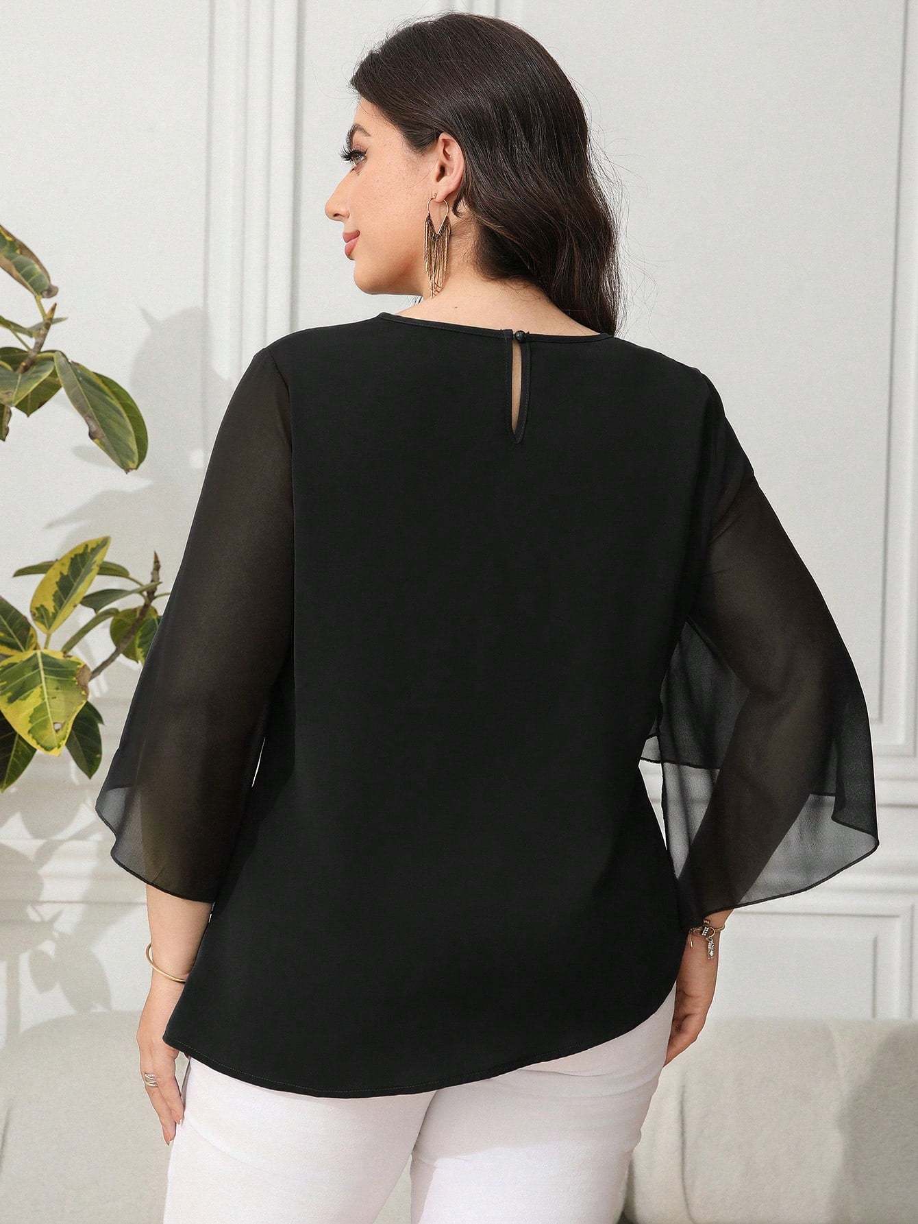 Reflora Plus Size Women Solid Color Ruffle Flare Sleeve Cinched Waist Blouse, Spring/Summer, Business Casual Woman Valentine's Day Fall