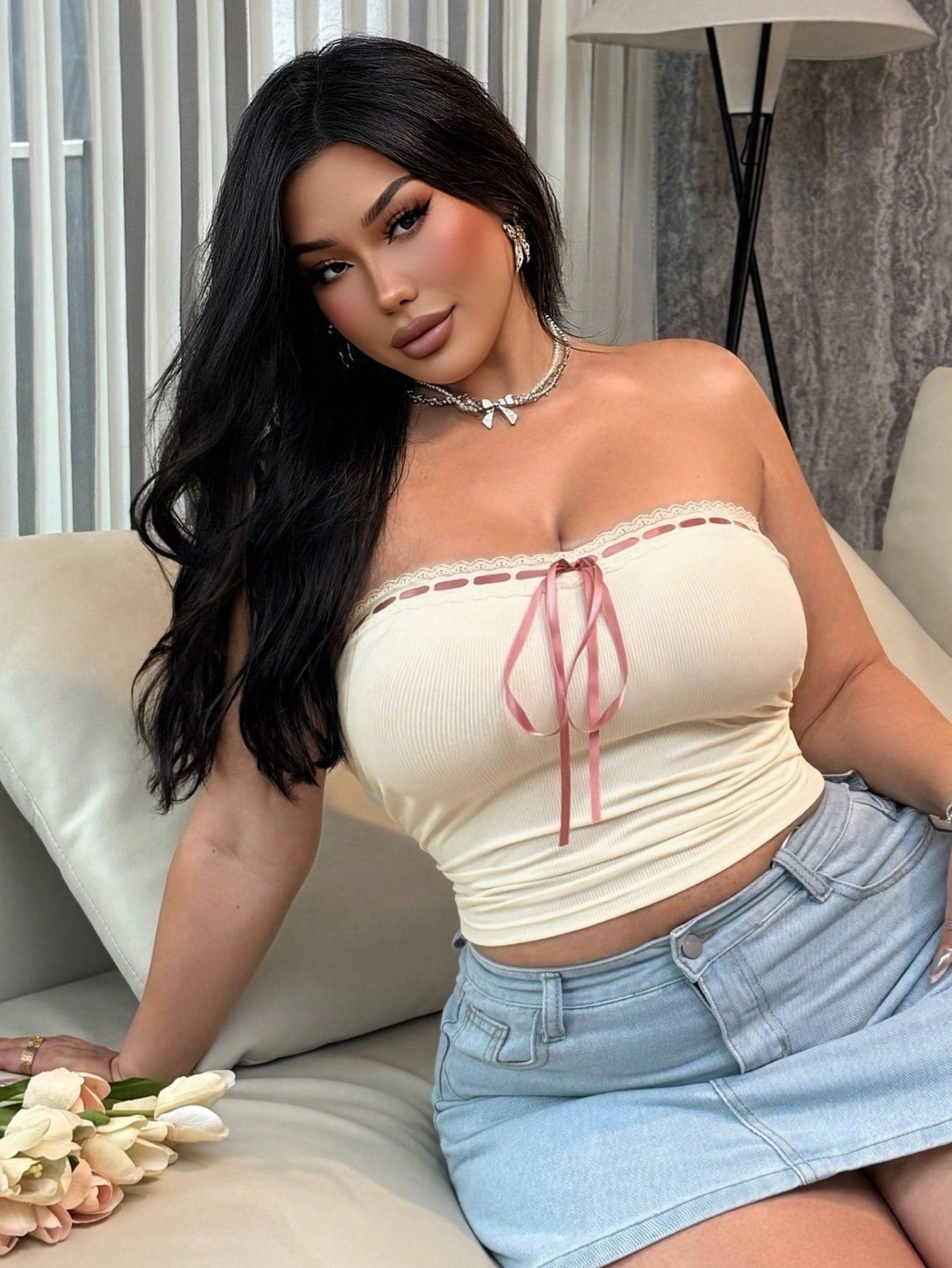 REIGN AVE Stretchy Cropped Bandeau Sexy Crop Top With Drawstring Decor, Plus Size, White Top For Spring/Summer