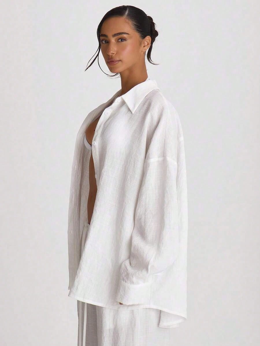 Resort Oversized Linen Shirt Cover Up Swim Vacation Holiday Summer Travel Beachwear Basics Hen Do Wedding Bridal Bachelorette Solid Colour Resort Core