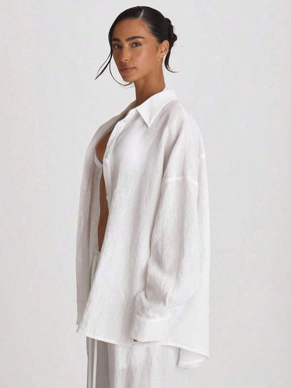 Resort Oversized Linen Shirt Cover Up Swim Vacation Holiday Summer Travel Beachwear Basics Hen Do Wedding Bridal Bachelorette Solid Colour Resort Core