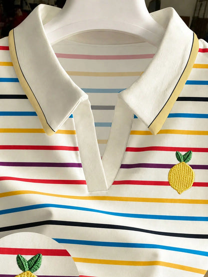 Resyla Fresh Colorful Striped Contrast Collar Lemon Embroidered Polo Short Sleeve T-Shirt Plus Size Top