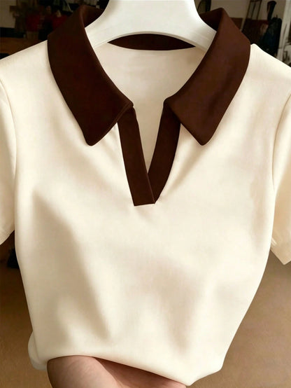 Resyla Fresh Colorful Striped Contrast Collar Lemon Embroidered Polo Short Sleeve T-Shirt Plus Size Top