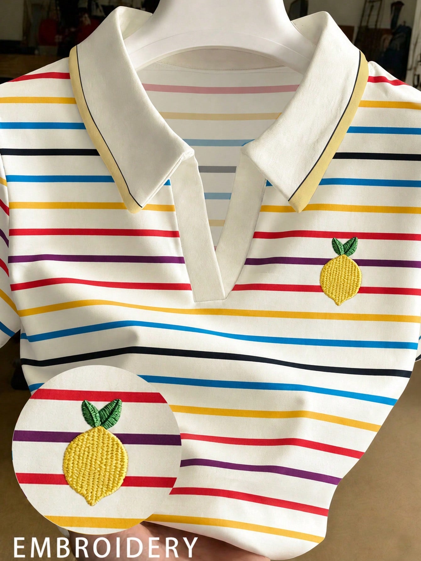 Resyla Fresh Colorful Striped Contrast Collar Lemon Embroidered Polo Short Sleeve T-Shirt Plus Size Top