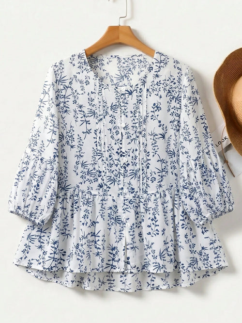 Resyla Plus Size French Blue And White Ditsy Floral Blouse, Loose Fit Lantern Sleeves, Flattering Slimming Casual Top, 3/4 Sleeve Button-Front Design, Plus Size Babydoll Blouse