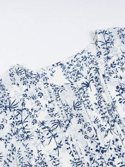 Resyla Plus Size French Blue And White Ditsy Floral Blouse, Loose Fit Lantern Sleeves, Flattering Slimming Casual Top, 3/4 Sleeve Button-Front Design, Plus Size Babydoll Blouse