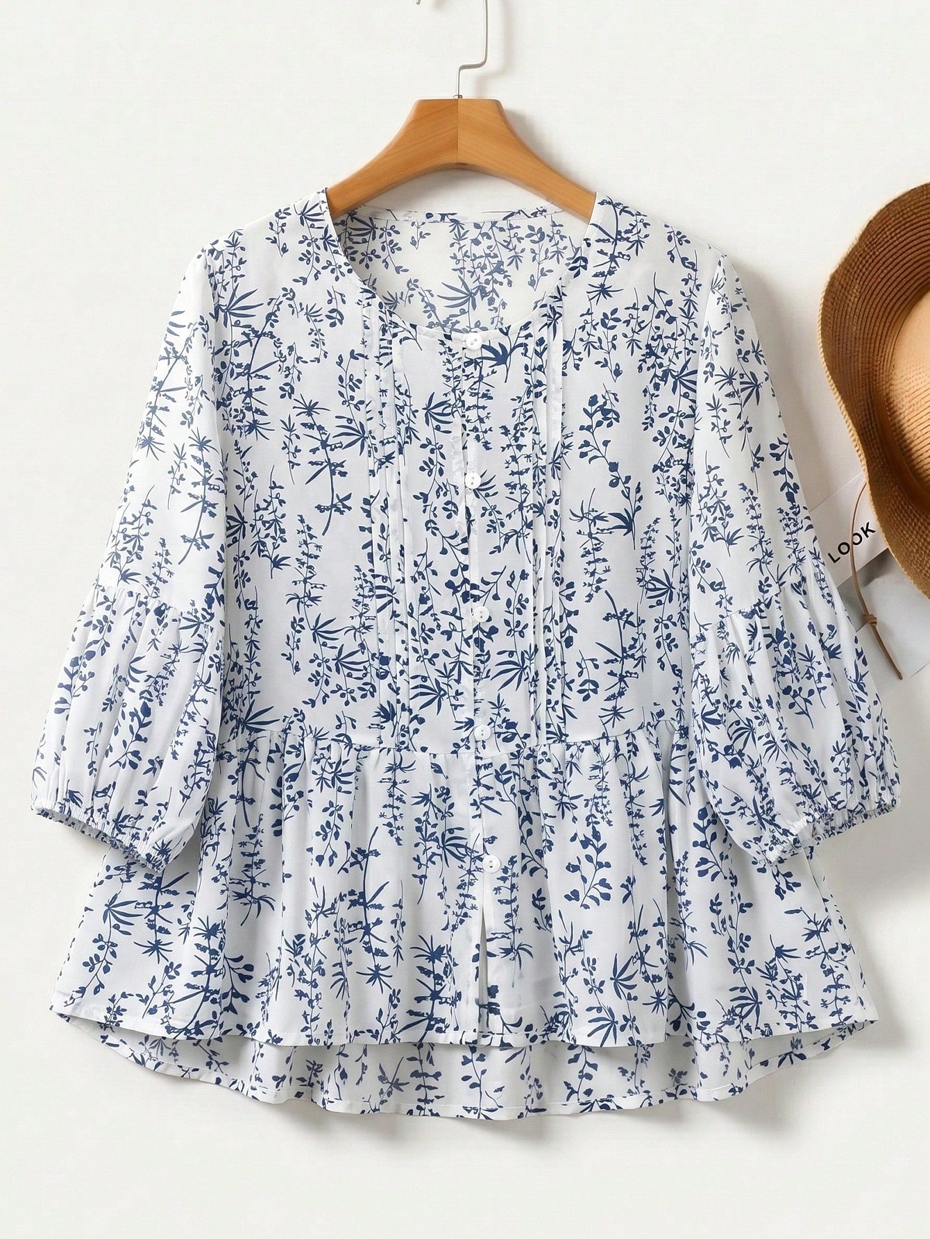Resyla Plus Size French Blue And White Ditsy Floral Blouse, Loose Fit Lantern Sleeves, Flattering Slimming Casual Top, 3/4 Sleeve Button-Front Design, Plus Size Babydoll Blouse