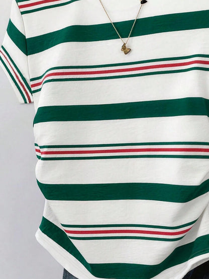 Resyla Plus Size Women's Summer New Style, Outdoor Casual Sports, Pattern Design, Multi-Color Striped Print, Shopping And Strolling, Back To School Season, Women's Waist-Cinched T-Shirt