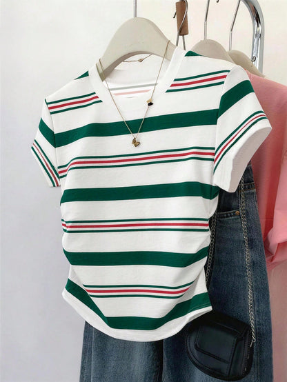 Resyla Plus Size Women's Summer New Style, Outdoor Casual Sports, Pattern Design, Multi-Color Striped Print, Shopping And Strolling, Back To School Season, Women's Waist-Cinched T-Shirt