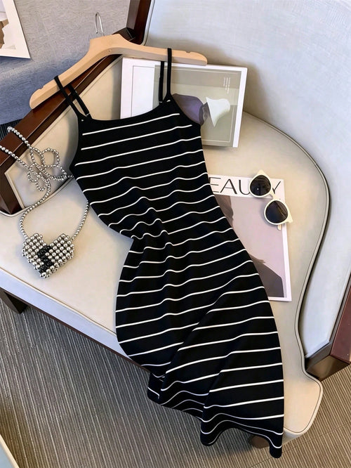 Resyla Recommended Best-Selling Style, Simple And Elegant Korean Classic Black And White Striped Mid-Length Dress, Suitable For Daily Shopping, Dating, Commuting And Outings, Slimming And Versatile Fo