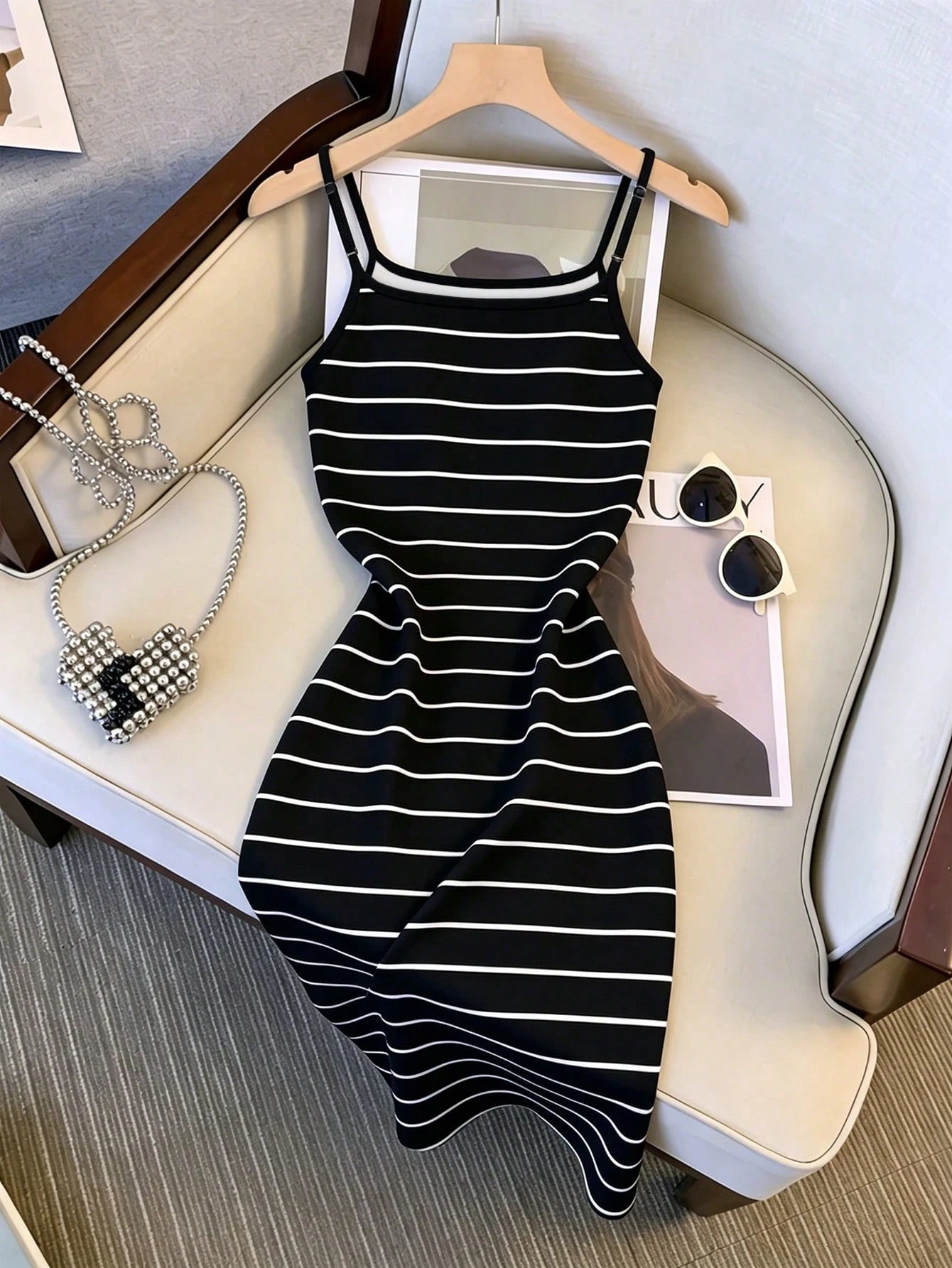 Resyla Recommended Best-Selling Style, Simple And Elegant Korean Classic Black And White Striped Mid-Length Dress, Suitable For Daily Shopping, Dating, Commuting And Outings, Slimming And Versatile Fo