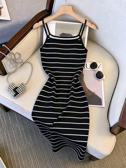 Resyla Recommended Best-Selling Style, Simple And Elegant Korean Classic Black And White Striped Mid-Length Dress, Suitable For Daily Shopping, Dating, Commuting And Outings, Slimming And Versatile Fo