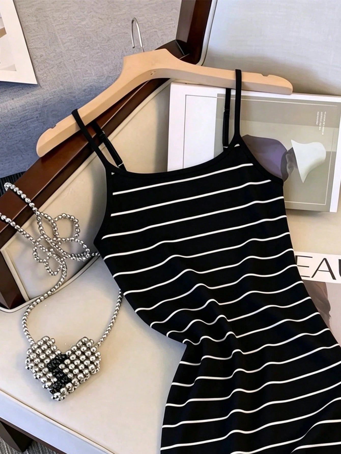 Resyla Recommended Best-Selling Style, Simple And Elegant Korean Classic Black And White Striped Mid-Length Dress, Suitable For Daily Shopping, Dating, Commuting And Outings, Slimming And Versatile Fo
