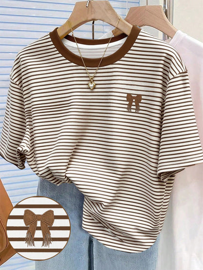 Resyla Striped Digital Print Fashion Minimalist Women Plus Size Long Crew Neck Drop Shoulder T-Shirt Friend Gift