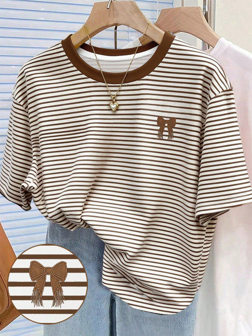 Resyla Striped Digital Print Fashion Minimalist Women Plus Size Long Crew Neck Drop Shoulder T-Shirt Friend Gift