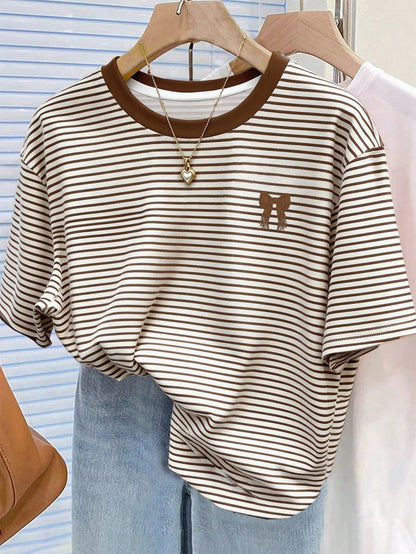Resyla Striped Digital Print Fashion Minimalist Women Plus Size Long Crew Neck Drop Shoulder T-Shirt Friend Gift