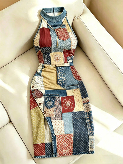 Resyla Women's Halter Neck All-Over Print Ruched Casual Date & Travel Mini Dress