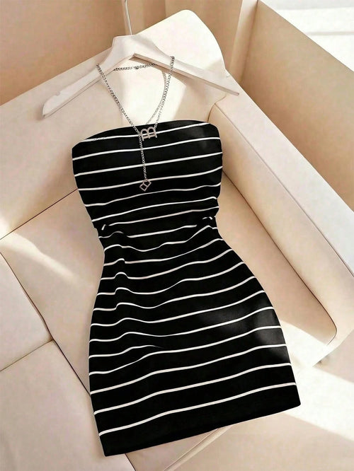 Resyla Women's New Striped Print Round Neck Fitted Tube Dress, Spring/Summer