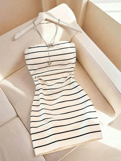 Resyla Women's New Striped Print Round Neck Fitted Tube Dress, Spring/Summer