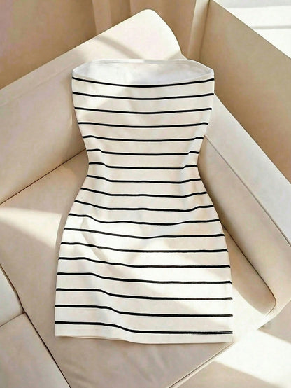 Resyla Women's New Striped Print Round Neck Fitted Tube Dress, Spring/Summer