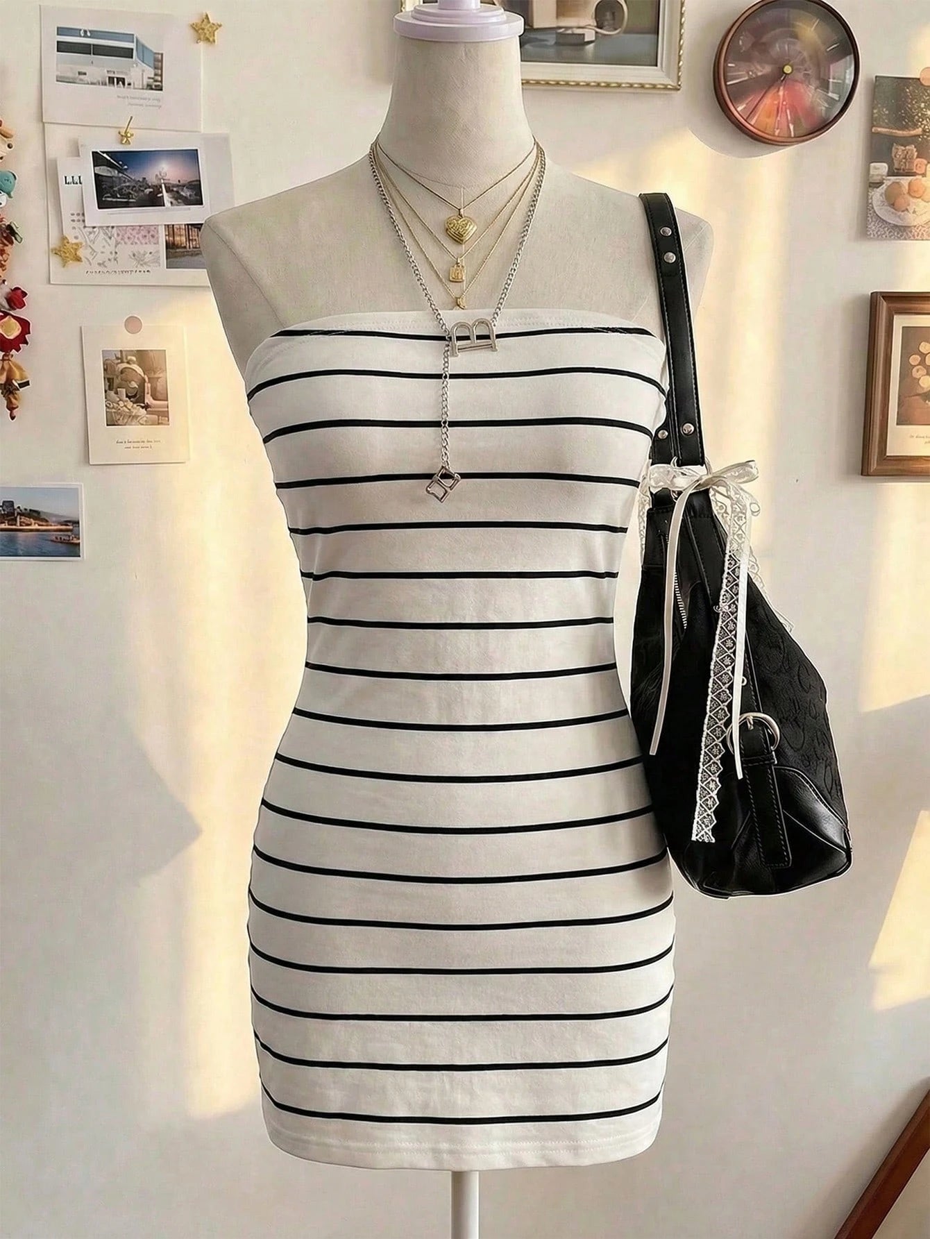 Resyla Women's New Striped Print Round Neck Fitted Tube Dress, Spring/Summer