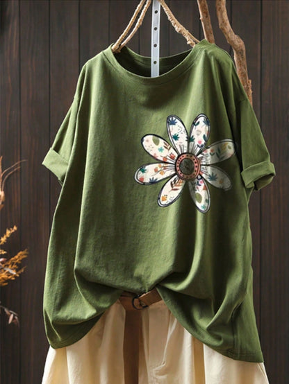 Resyla Women's Plus Size Olive Green Summer Short Sleeve Casual Tee,Cute Floral Print Round Neck T-Shirt,Smart Casual Picnic Outdoor Top,Versatile Top
