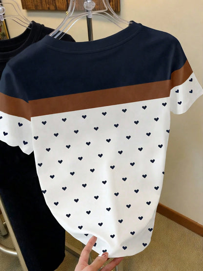 Resyla Women's Plus Size Super Loose White T-Shirt,Cute Heart Shape Dot Print Color-Blocked Top,Summer Vacation Casual Fashionable Gift For Mom & Sisters