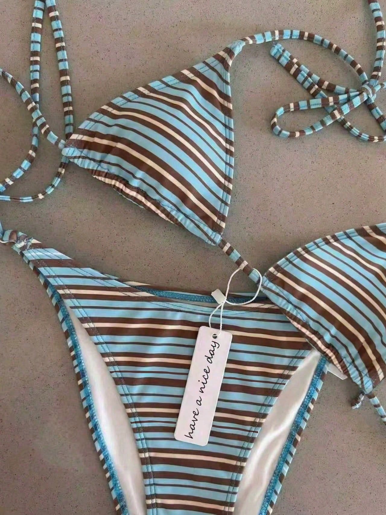 Retro Blue Striped Print Halter Tie Bikini Set, Sexy Push-Up High Waist Fitted 2-Piece Swimsuit For Women, Summer Holiday