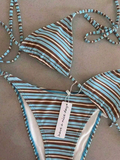 Retro Blue Striped Print Halter Tie Bikini Set, Sexy Push-Up High Waist Fitted 2-Piece Swimsuit For Women, Summer Holiday