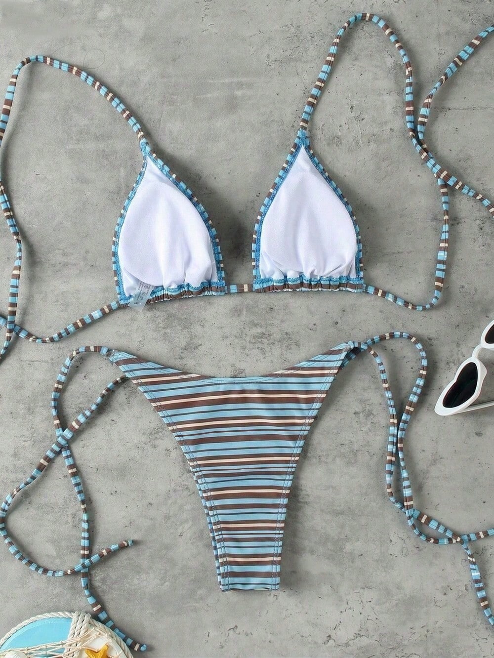 Retro Blue Striped Print Halter Tie Bikini Set, Sexy Push-Up High Waist Fitted 2-Piece Swimsuit For Women, Summer Holiday